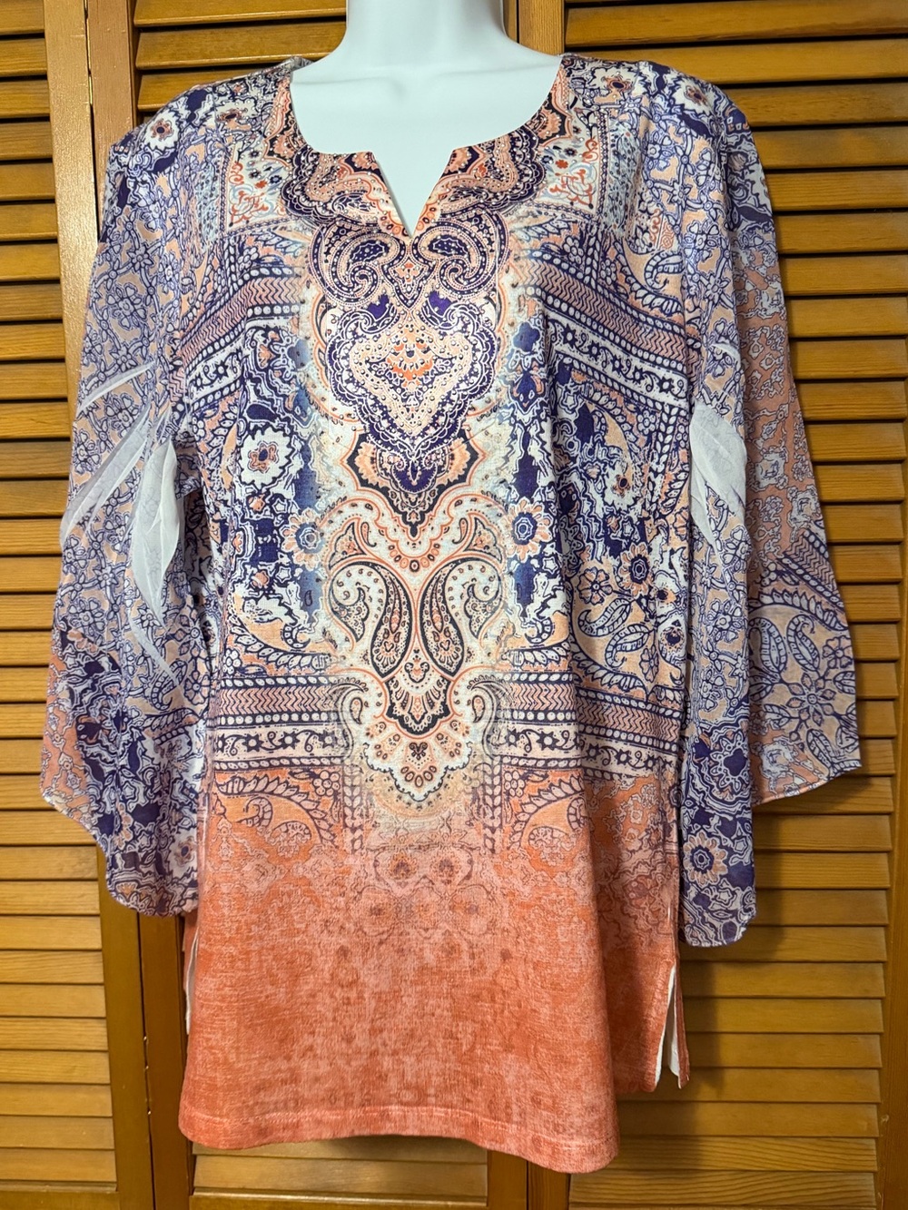 ONE WORLD Paisley Boho Top orange & purple. Long sheer sleeves w/stretch sz XL